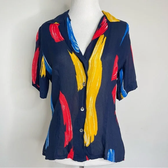 Vintage 1970s Christian Dior Paint brush strokes semi sheer button up blouse top - Picture 1 of 15
